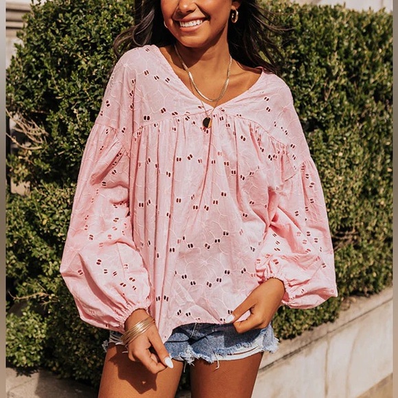 BUCKETLIST Tops - BUCKETLIST Eyelet blouse long sleeve balloon top bubblegum pink embroidered